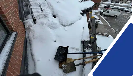 A black snow shovel resting in white snow.