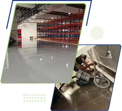 A collage featuring a large empty warehouse with red shelving and a smaller inset image, framed by blue and green graphics.