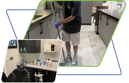 Split image of a person mopping a kitchen area and a dark rectangular object.