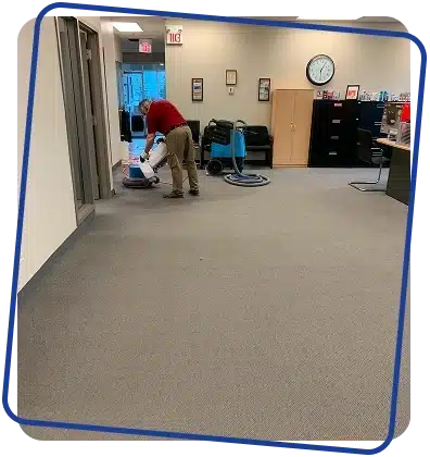 Split image of a person cleaning a commercial floor and a view of an office.