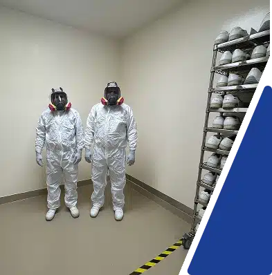 Two workers in full white hazmat suits and respirators standing in a room with a metal shelf.
