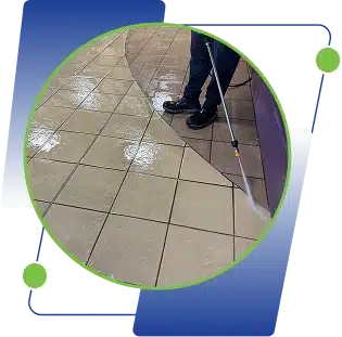 A circular inset image showing a person's feet as they clean a tiled floor, framed by green and blue graphics.