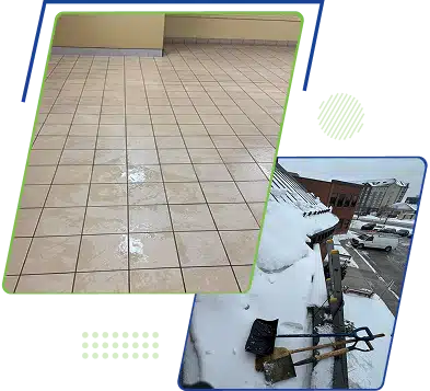 Split image of a tiled floor and an elevated view of a snowy landscape.