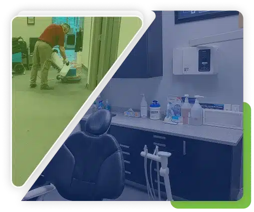 Split image of a person vacuuming a green carpet and cleaning supplies on a counter.