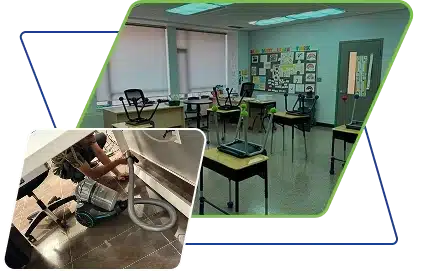 Split image showing an empty classroom and a person working under a sink.