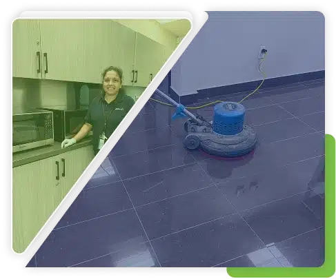 Split image showing a smiling woman in a green shirt in a kitchen and a floor buffer machine on a polished floor.