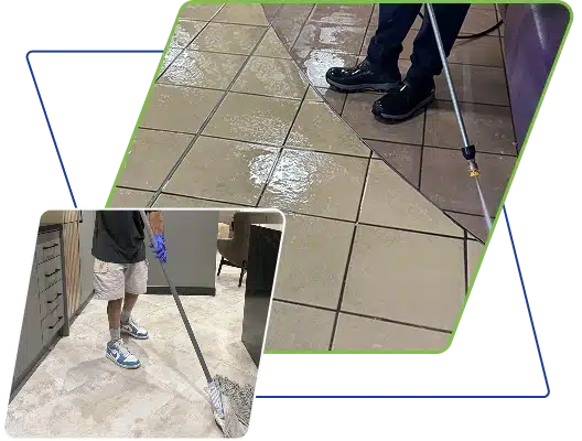 Split image showing wet floor tiles and a person's legs while mopping.