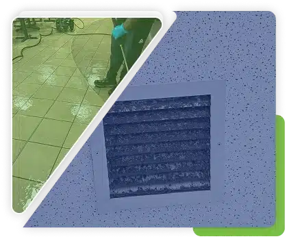 Split image of a person power washing pavement and a close-up of a blue surface.