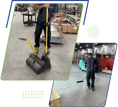 Split image showing a person operating a floor cleaning machine in a warehouse and a facility aisle.