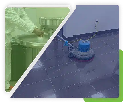 A collage showing a worker at a stainless steel industrial sink and a blue floor buffer on a blue floor, framed by green and blue graphics.