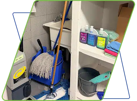 A collage showing a janitorial sink with a mop and shelves stocked with colorful cleaning bottles.