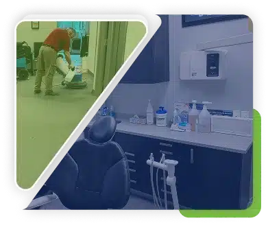 A split graphic showing a person cleaning a floor with a green overlay on the left, and a medical or dental office counter with a blue overlay on the right.
