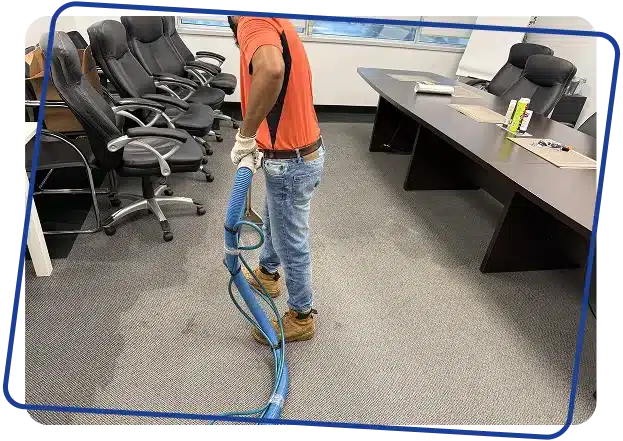 A worker in an orange shirt operating a blue carpet cleaning machine in a conference room.