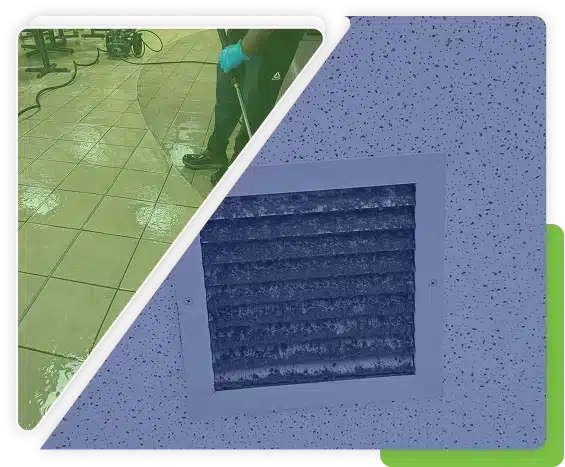 A split graphic featuring a person power washing on the left with a green overlay, and a dark blue textured pattern on the right.